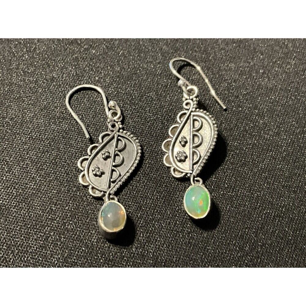 925 Sterling Silver Opal Dangle Fish Hook Earrings